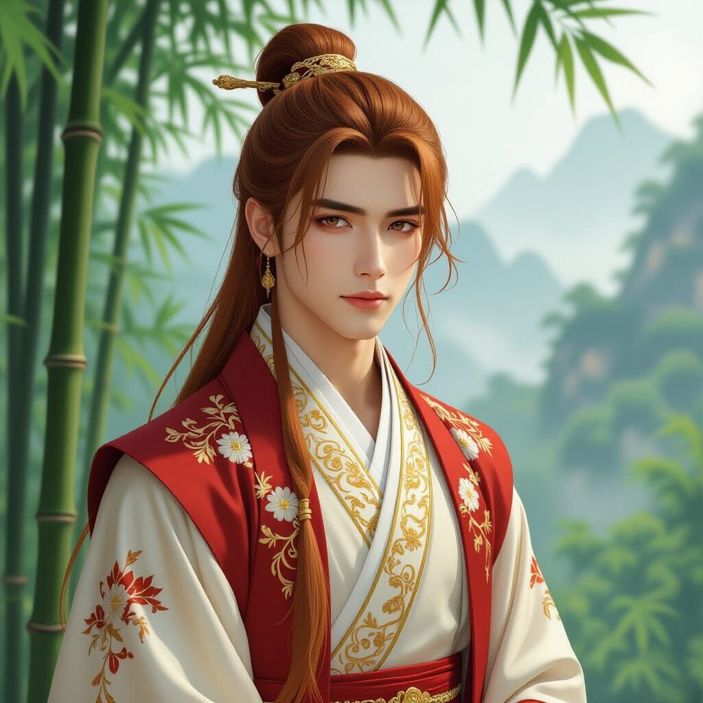 Elegant Hanfu-Clad Man in Bamboo Forest, Anime Style