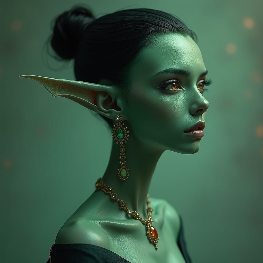 Regal Alien Goddess with Iridescent Green Skin and Bat Ears