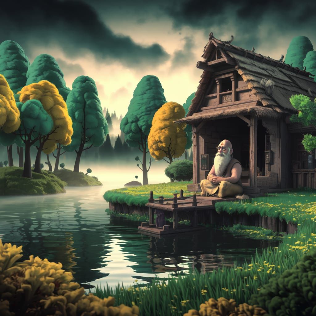 Serene Lake Ashram in a Haunting Forest Glade