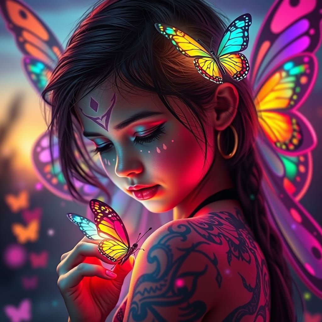 Neon Fairy with Butterflies at Dusk, Hyperrealistic Splash A...