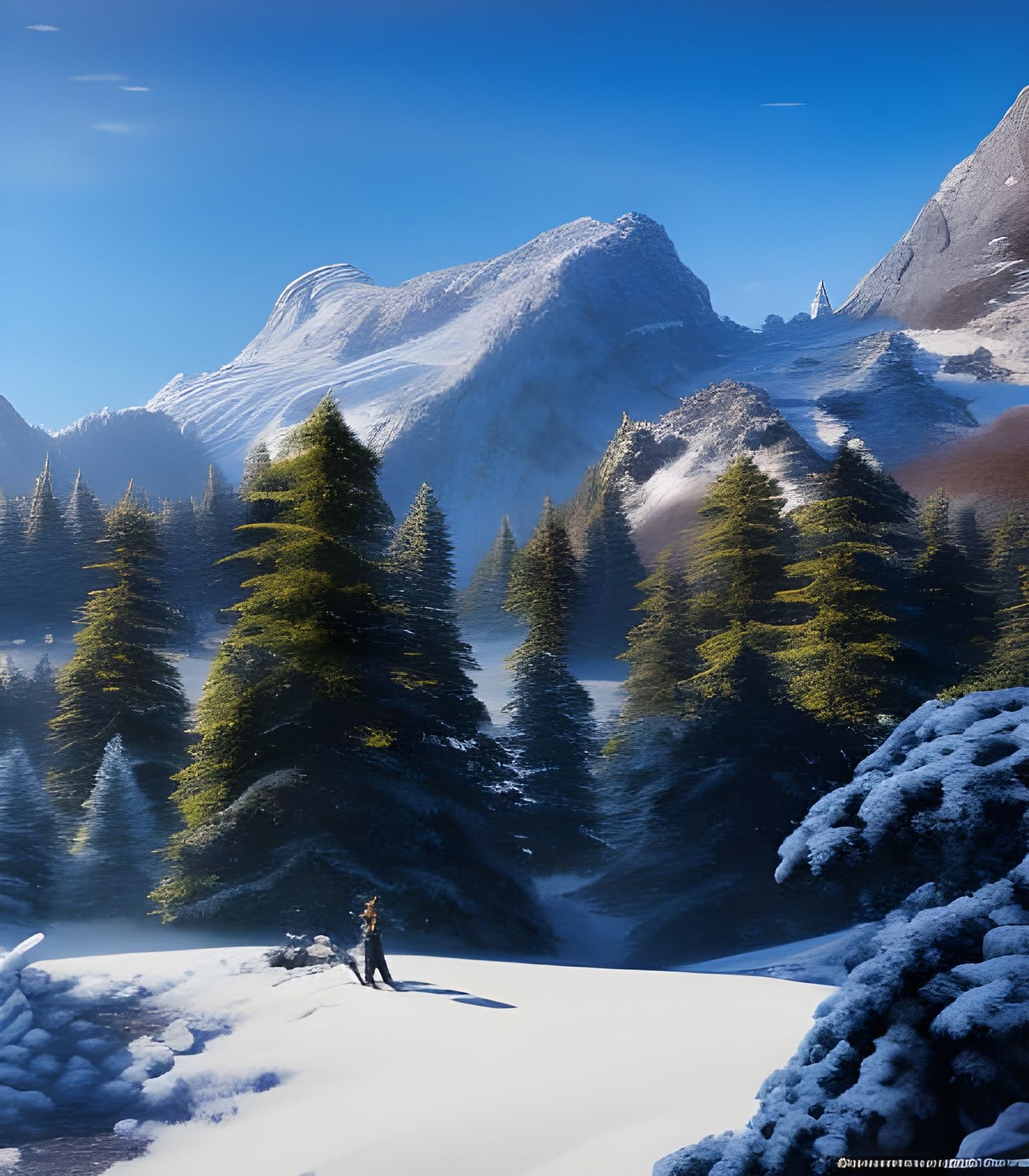 Frozen Mountain Valley in Sunlight, Oil Painting