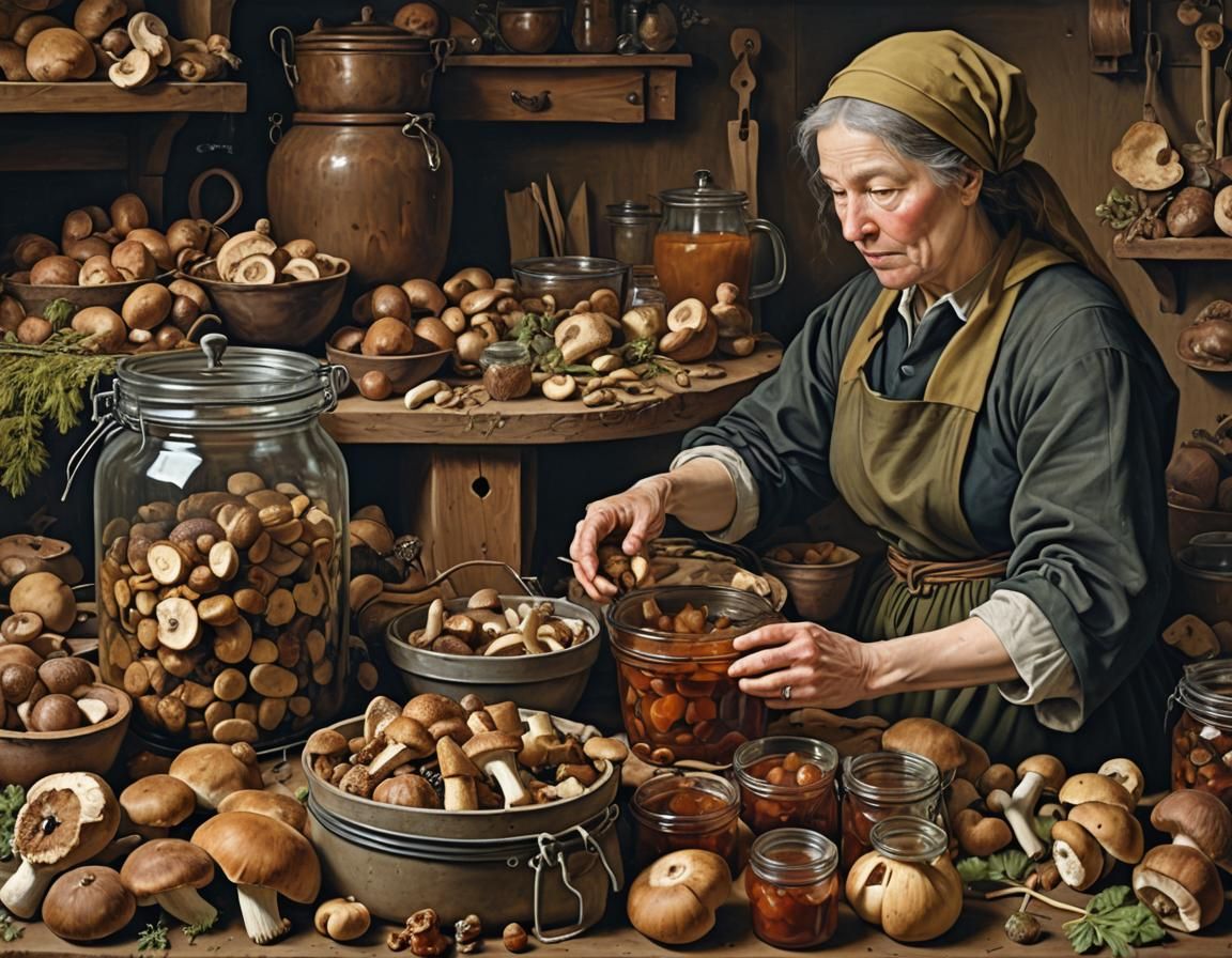 Woman Preserving Mushrooms in Flemish Still Life