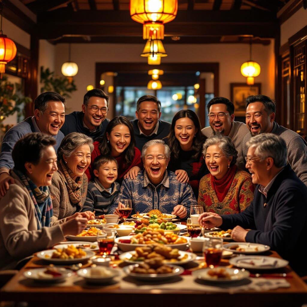 Chinese Family Reunion Dinner - Joyful Group Photo