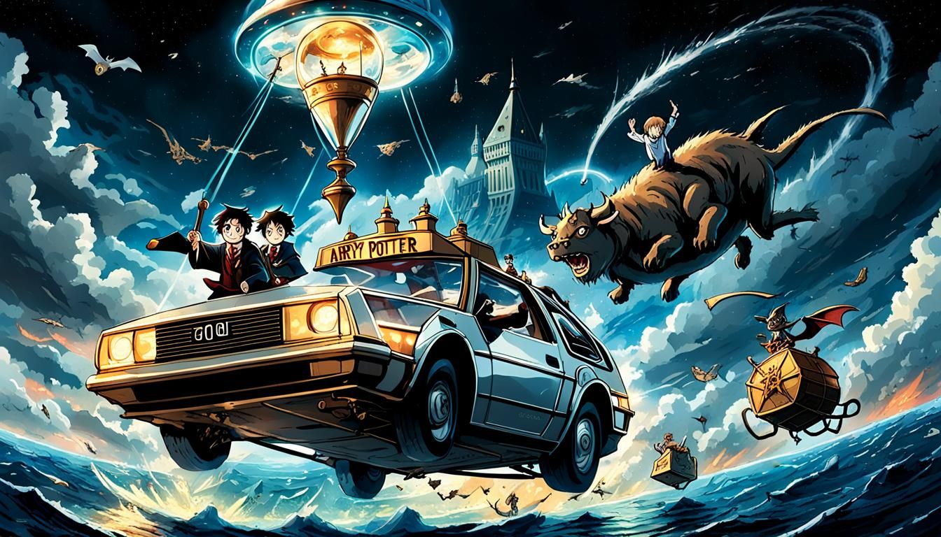 Harry Potter sitting on a flying DeLorean car with flying bo...