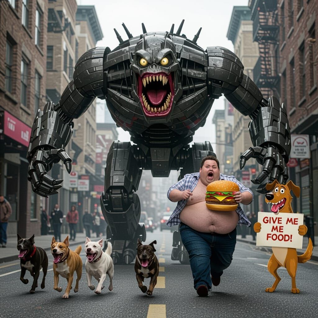 Monstrous Robot Chases Man With Burger
