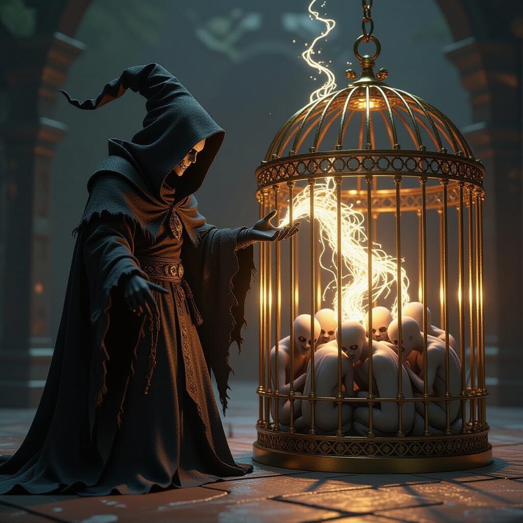 Terrifying Sorcerer Traps Figures in Golden Cage