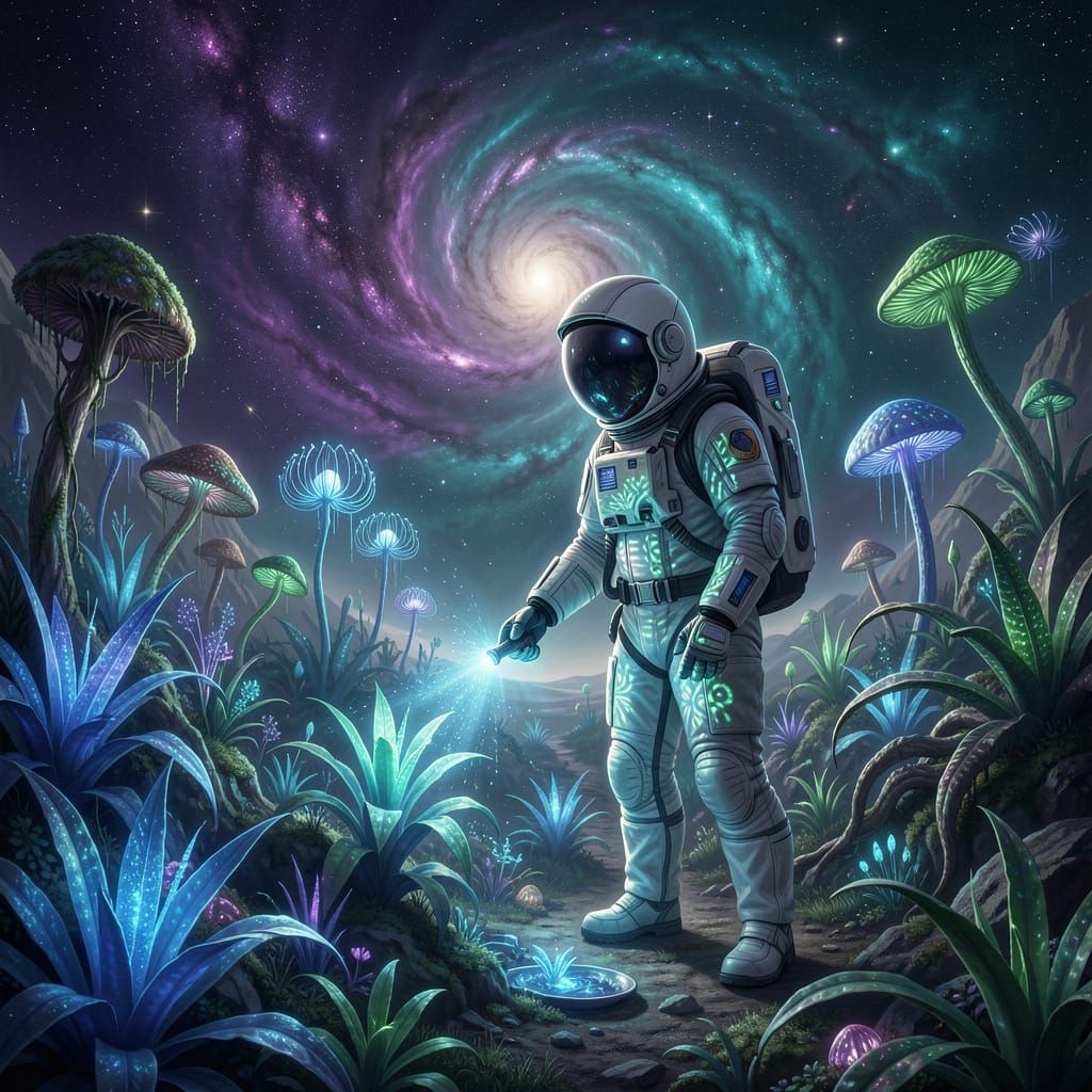 Astronaut Tends Glowing Alien Garden on Exoplanet