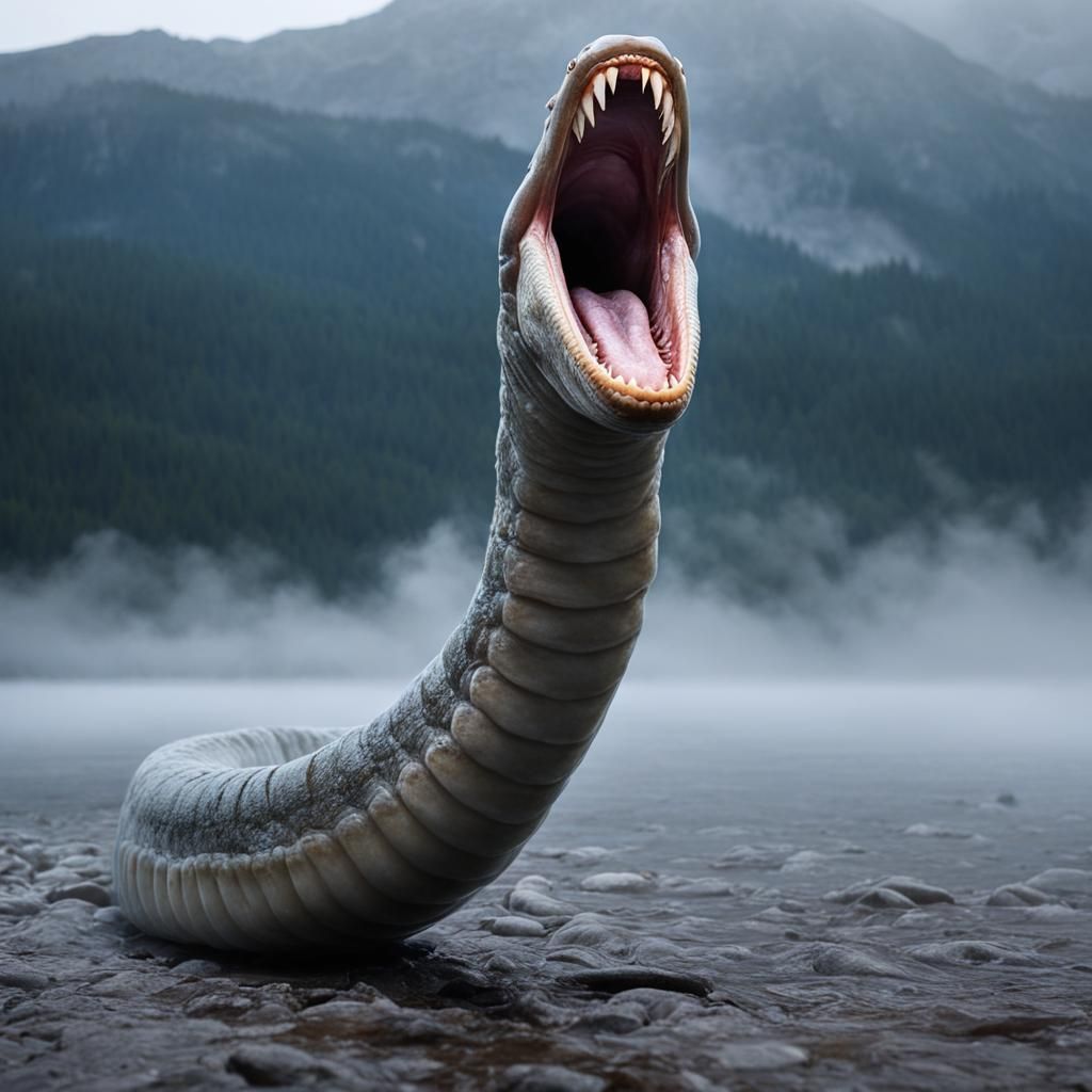 Gargantuan Lindworm Emerges From Misty Lake