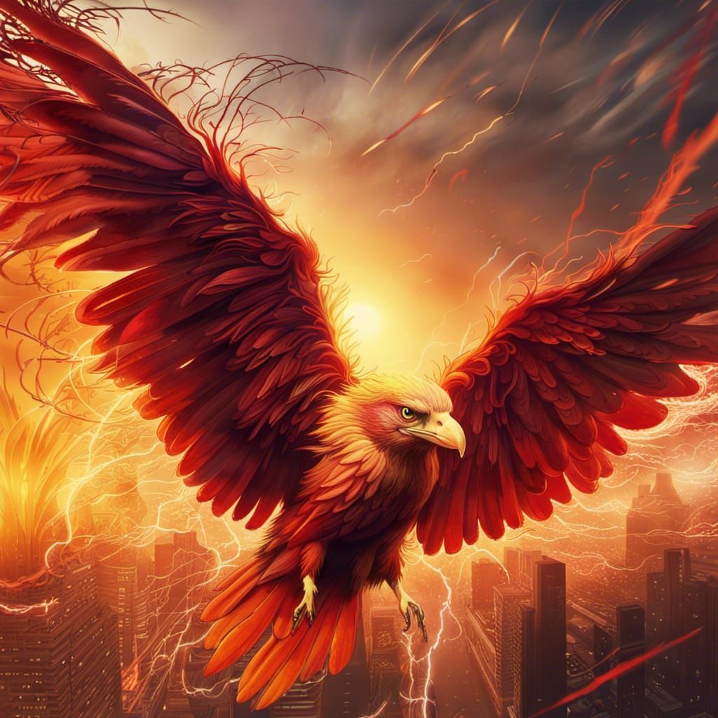 Fiery Phoenix with Lightning, Fantasy Concept Art