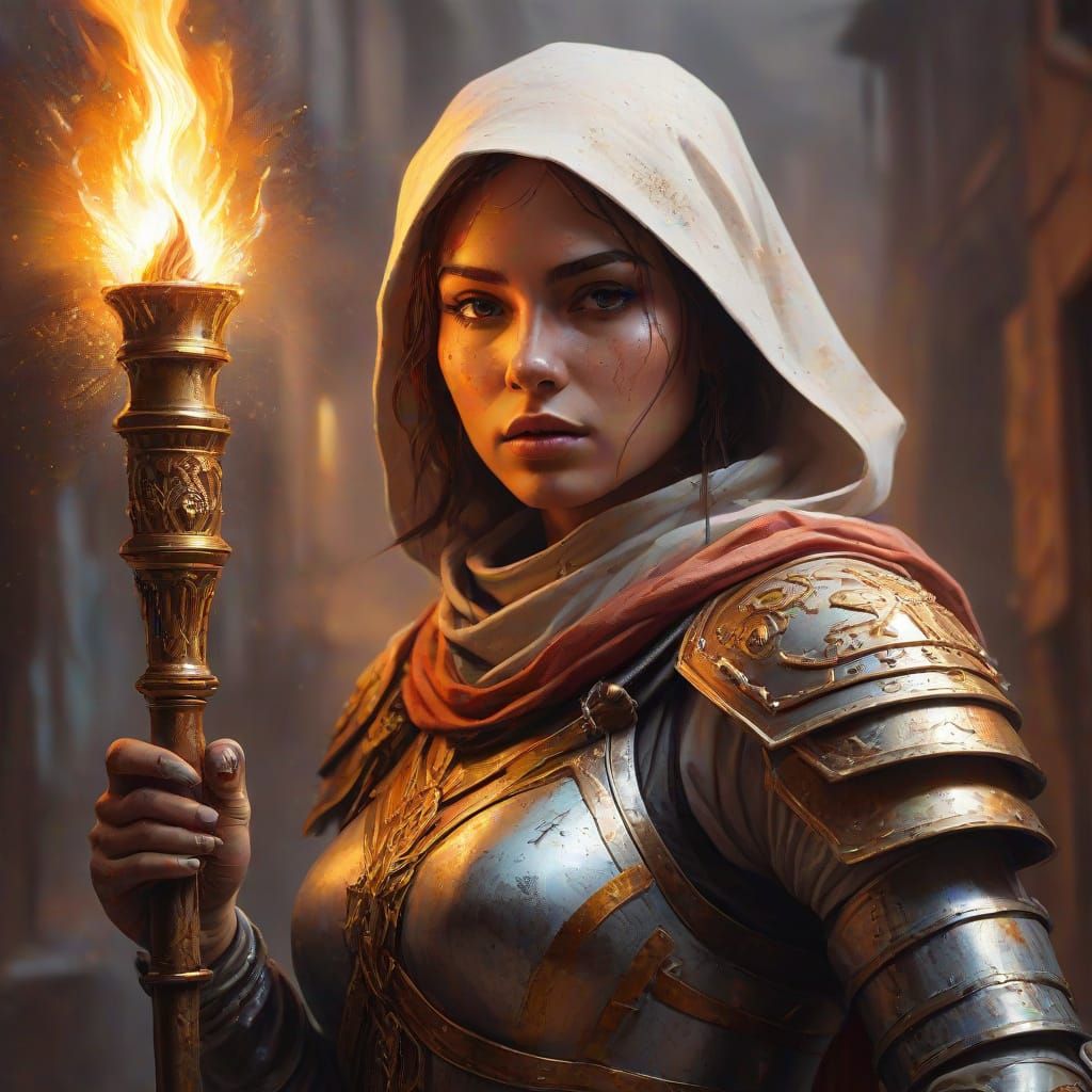 Lady Templar with Torch in Vibrant Graffiti Art