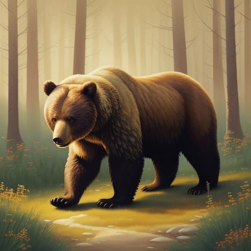 Whimsical Bear in a Watercolor Forest Scene