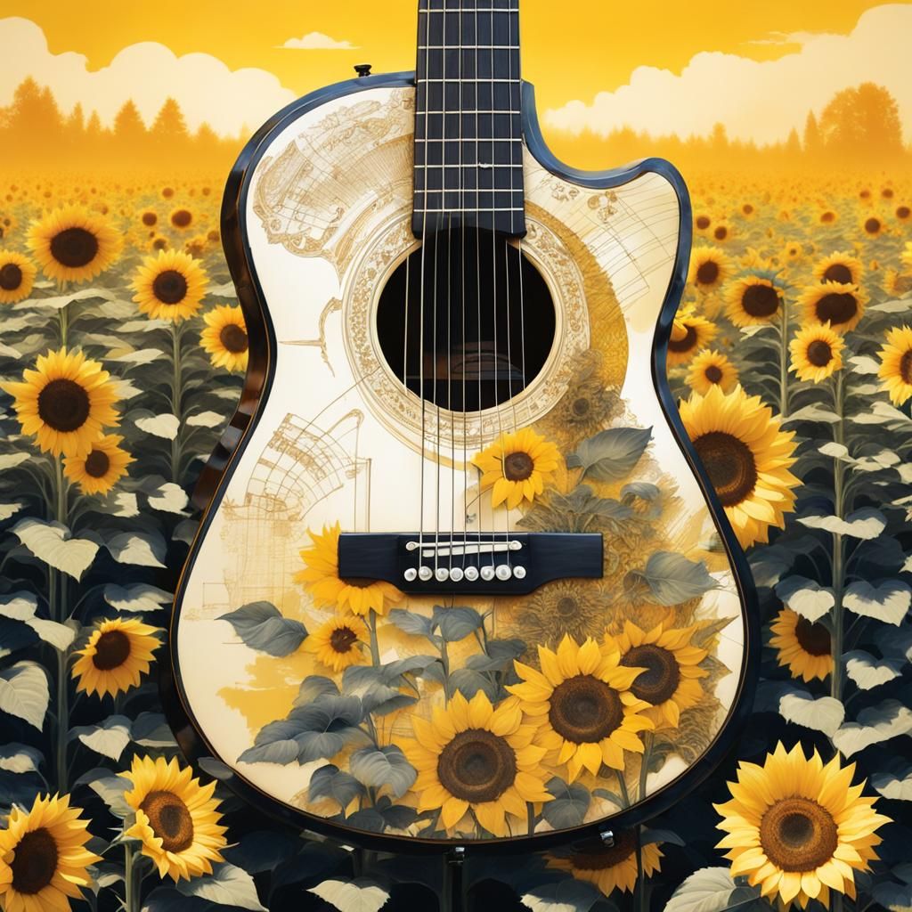 Guitar and Sunflower Field in Double Exposure