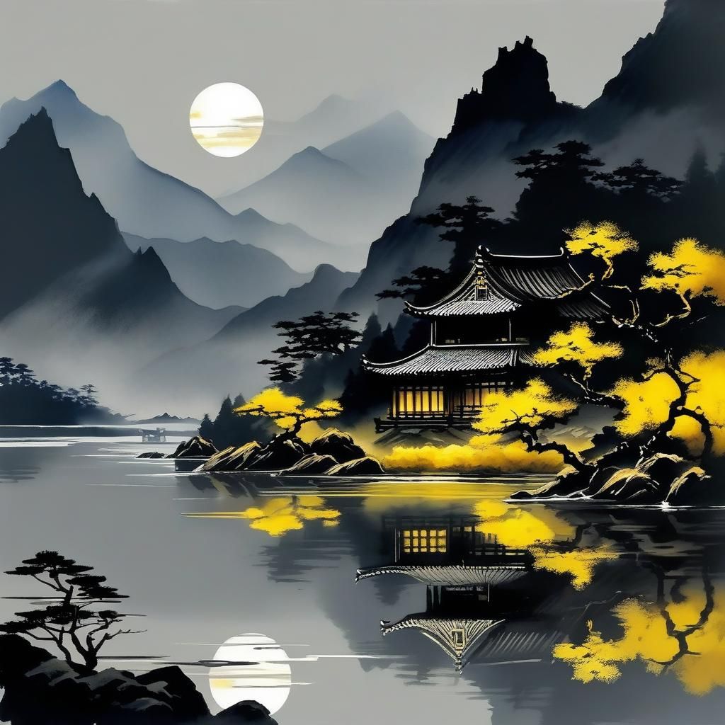 Moonlit House by Lake in Washed Watercolor Style