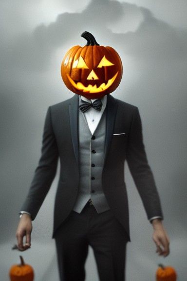 Man with Jack-o'-Lantern Head, Detailed Digital Art