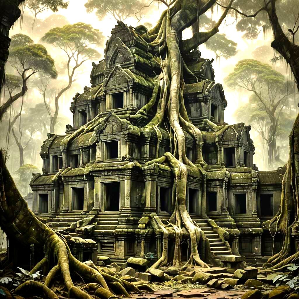 Hidden Angkor Wat Charcoal Drawing