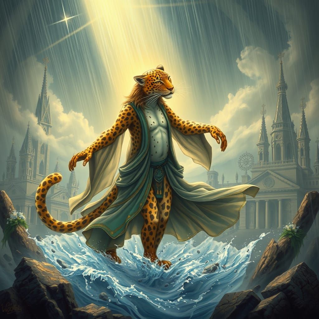 Leopard Rain Dancer in Dreamlike Scene