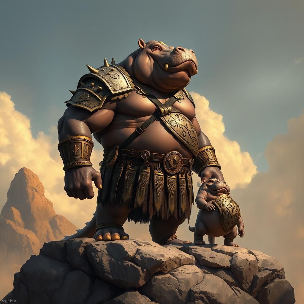 Armored Hippo Warrior and Son in Fantasy Art