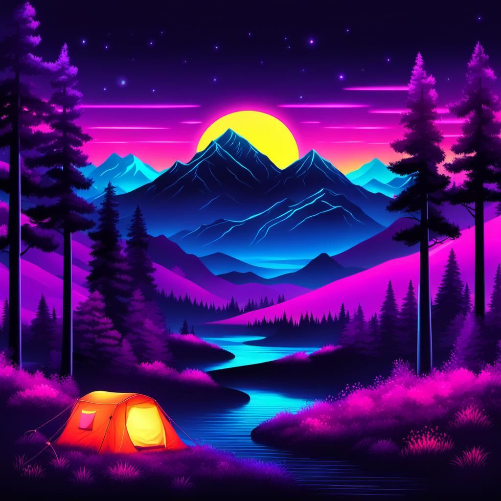Neon Mesh Landscape with Cozy Campsite in Synthwave Style