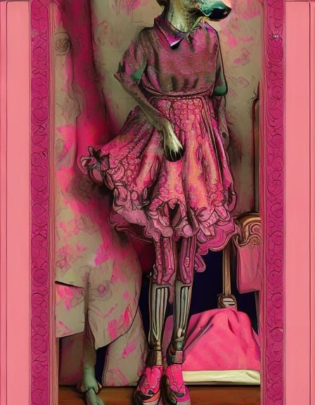 Anthropomorphic dog trying on pink clothes