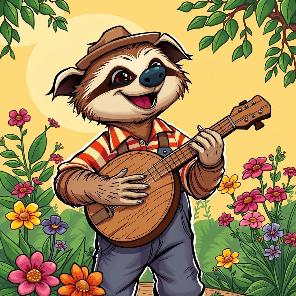 Vibrant Cartoon Sloth Rockstar in Folk Style