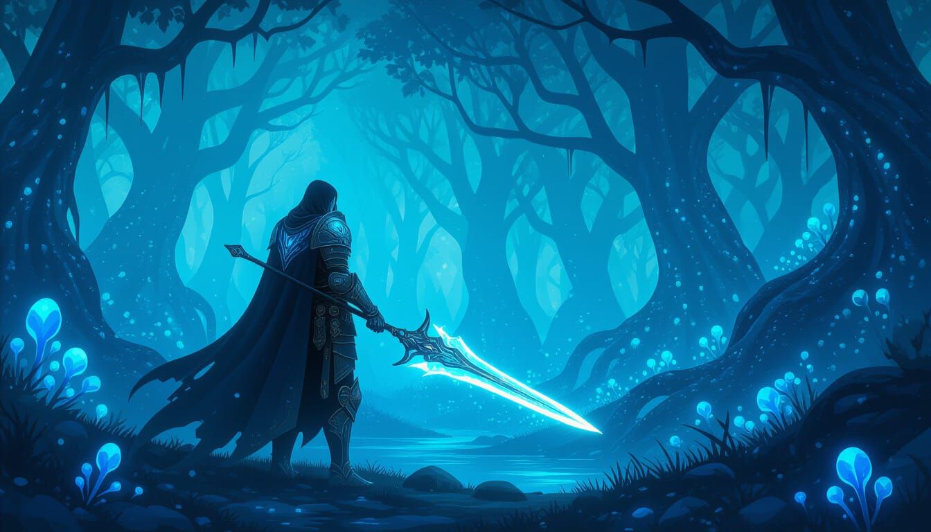 Knight in Bioluminescent Forest Holding Spectral Spear