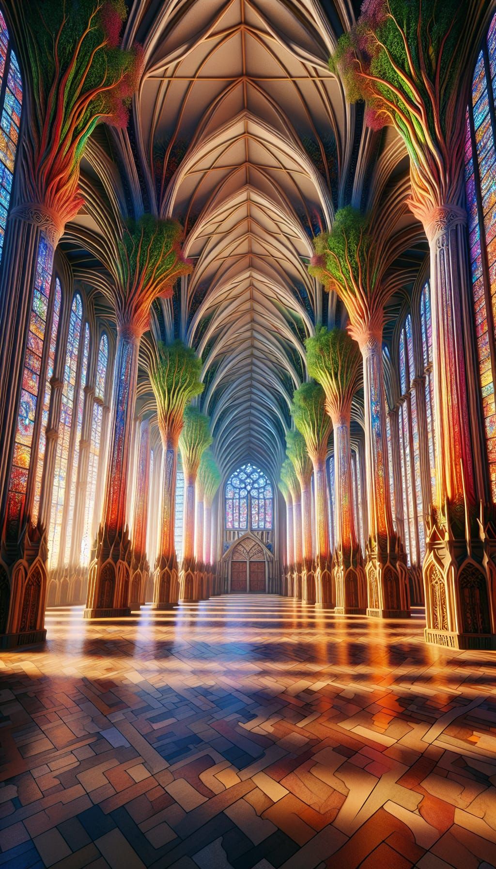 Fantasy Cathedral with Stained Glass and Trees