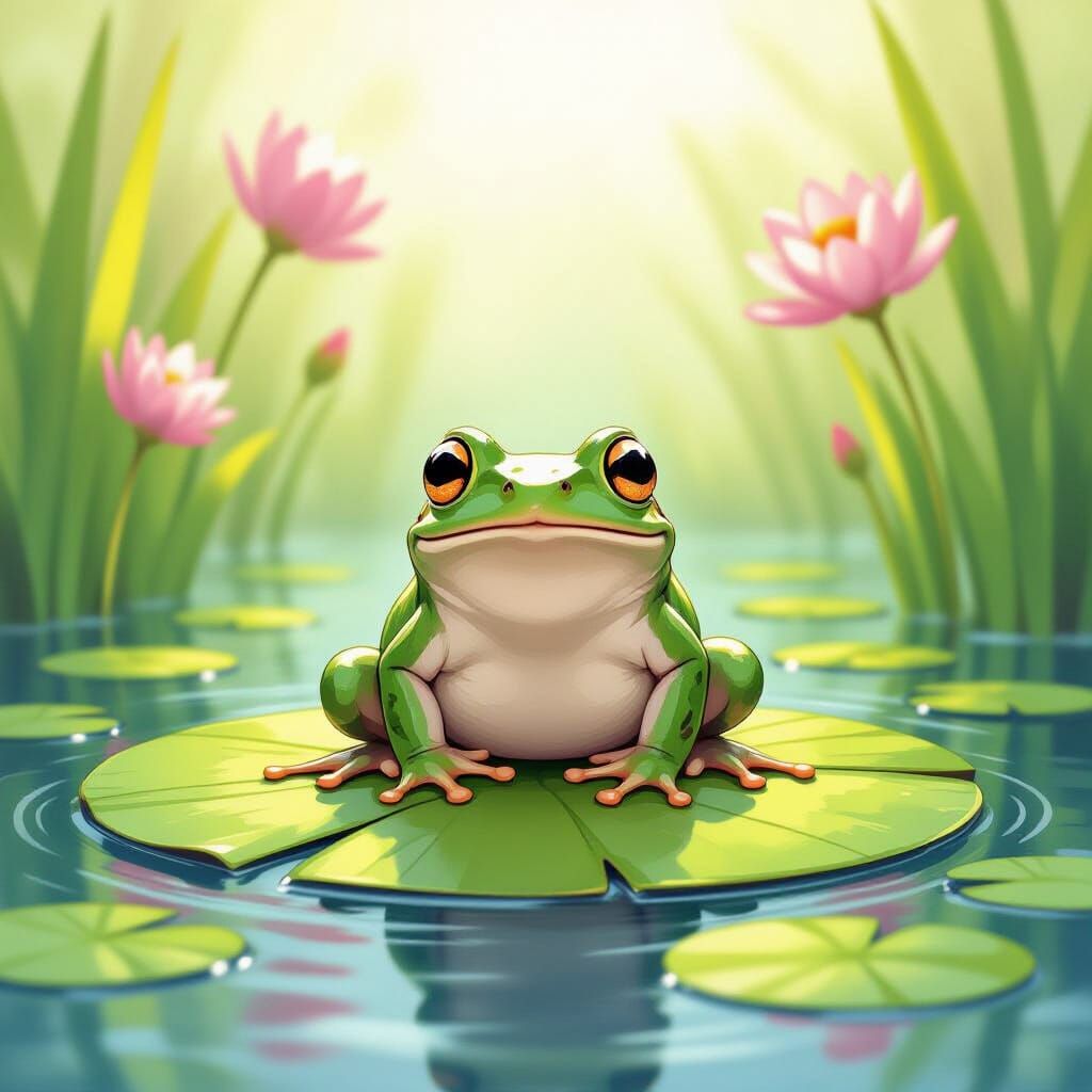 Whimsical Xenopus Frog on Lily Pad in Watercolor