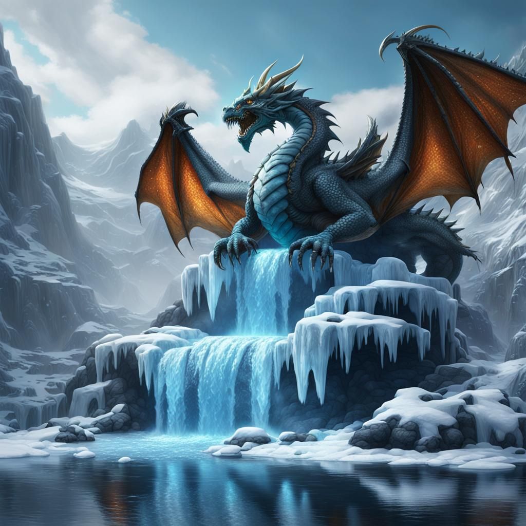Dragon at Iced Waterfall: Fantasy Concept Art