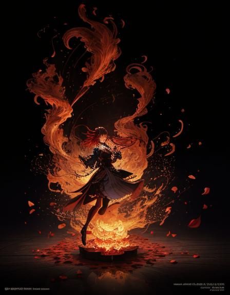 Anime Woman Surrounded by Flames and Roses