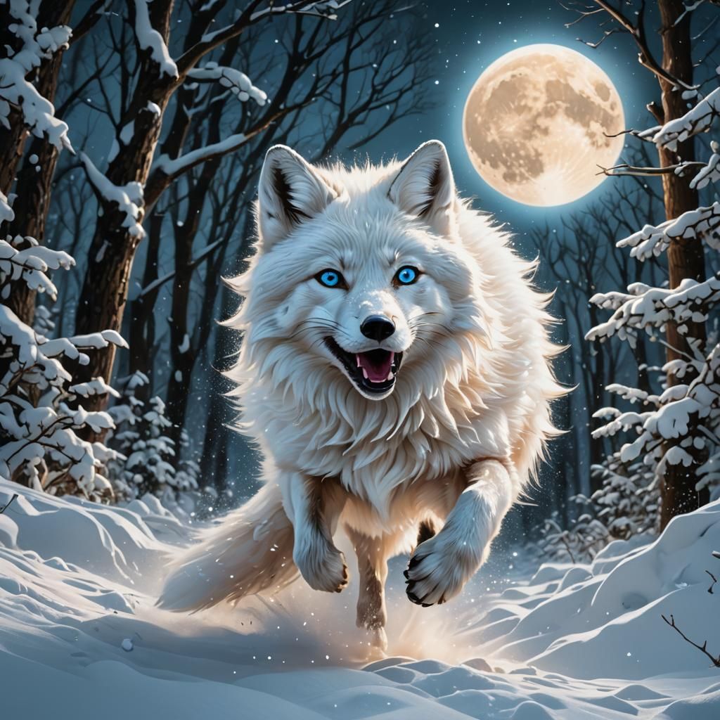 Leaping White Fox in Moonlit Forest