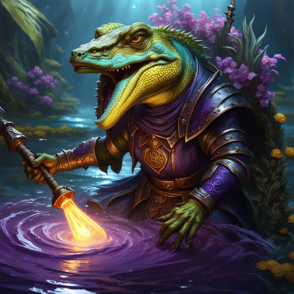 Lizardfolk Water Cleric in Dark Fantasy Style