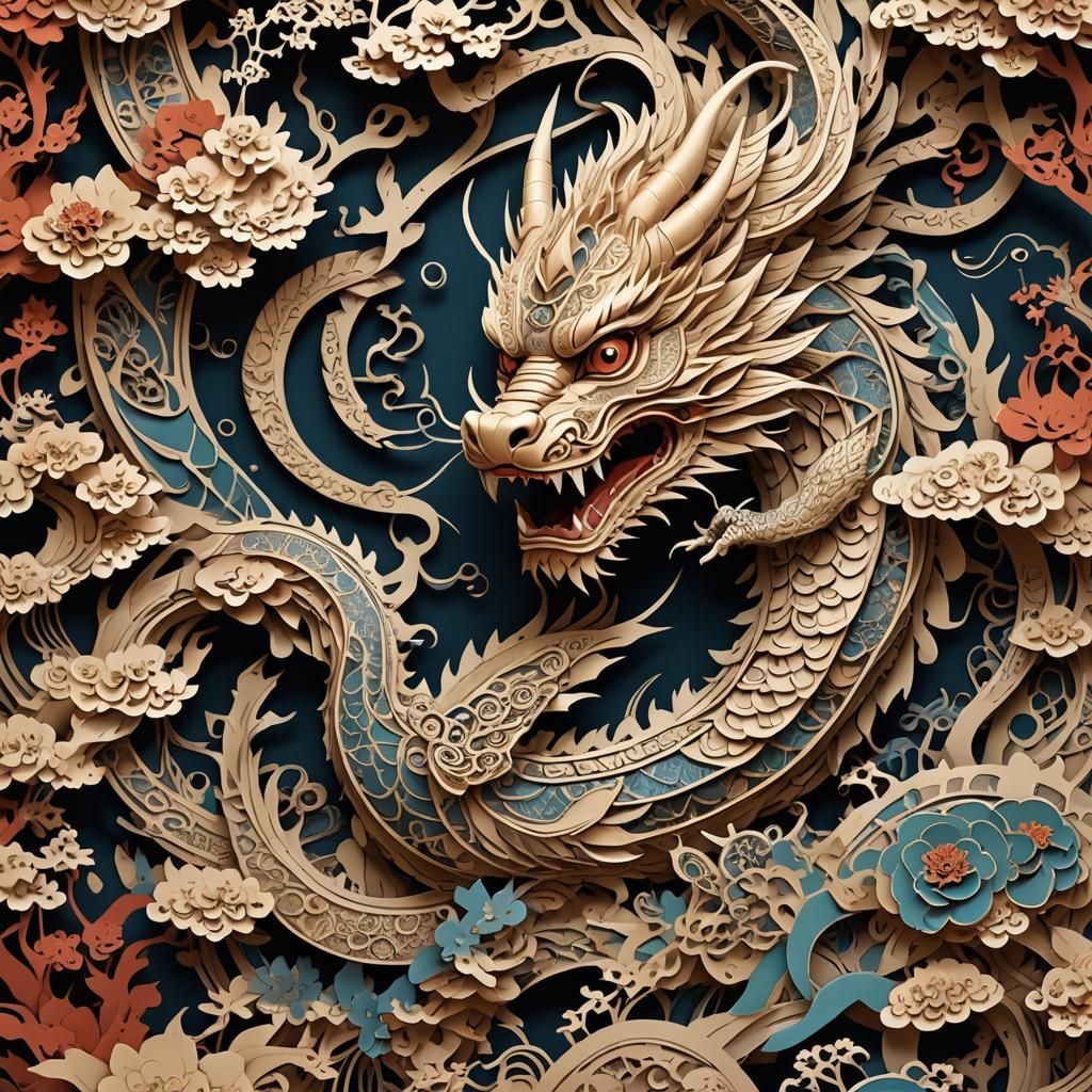 Detailed Kirigami Dragon in Matte Painting Style