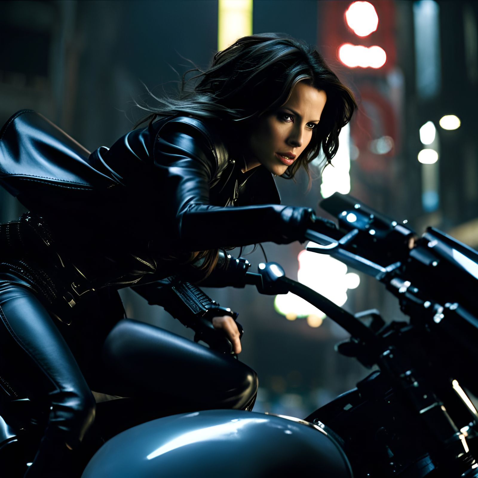 Motorcycle Action Shot of Woman in Black Leather