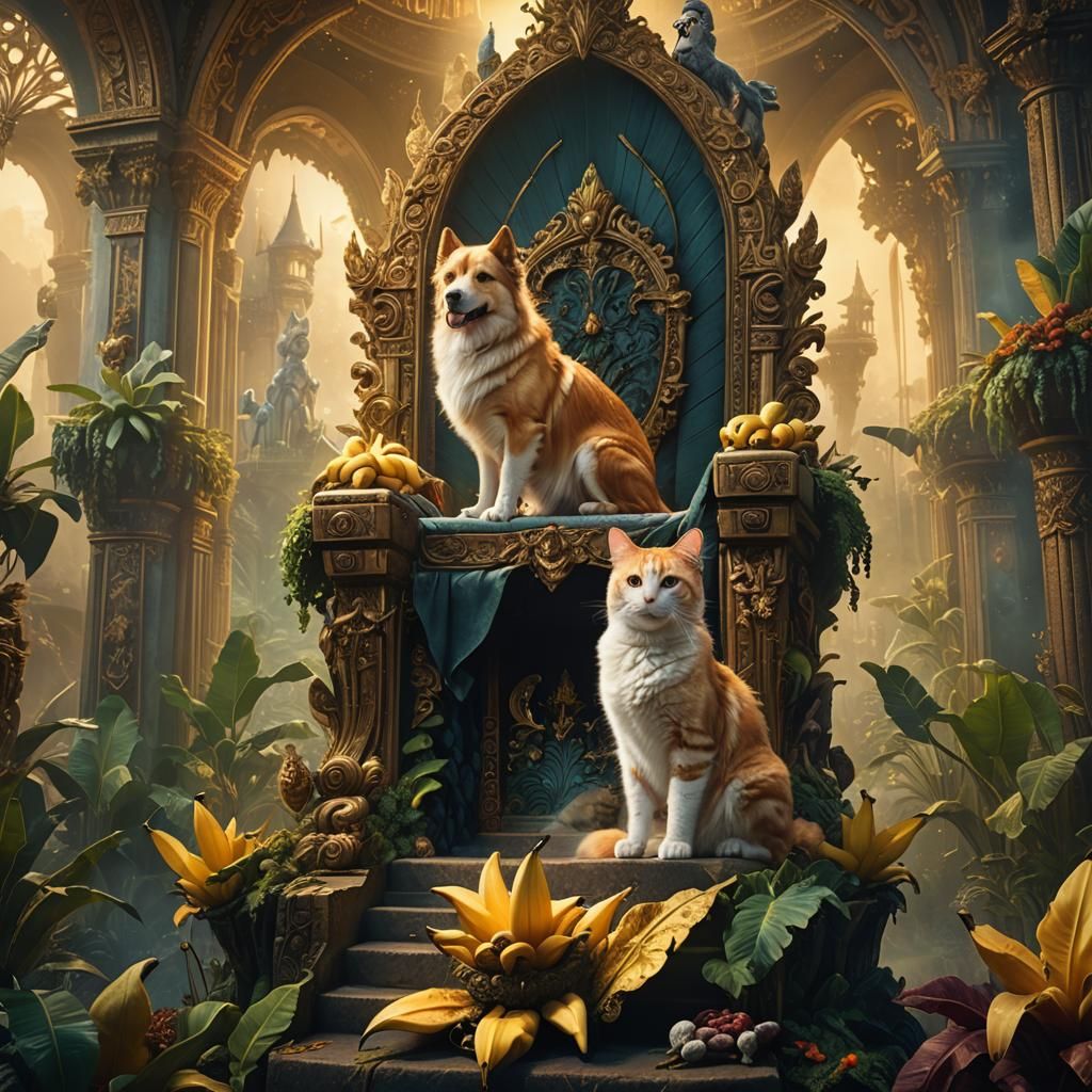 Banana, Dog, and Cat on a Throne
