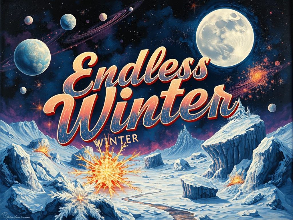 Fiery Cosmic Moonscape with Endless Winter as Impasto Painti...