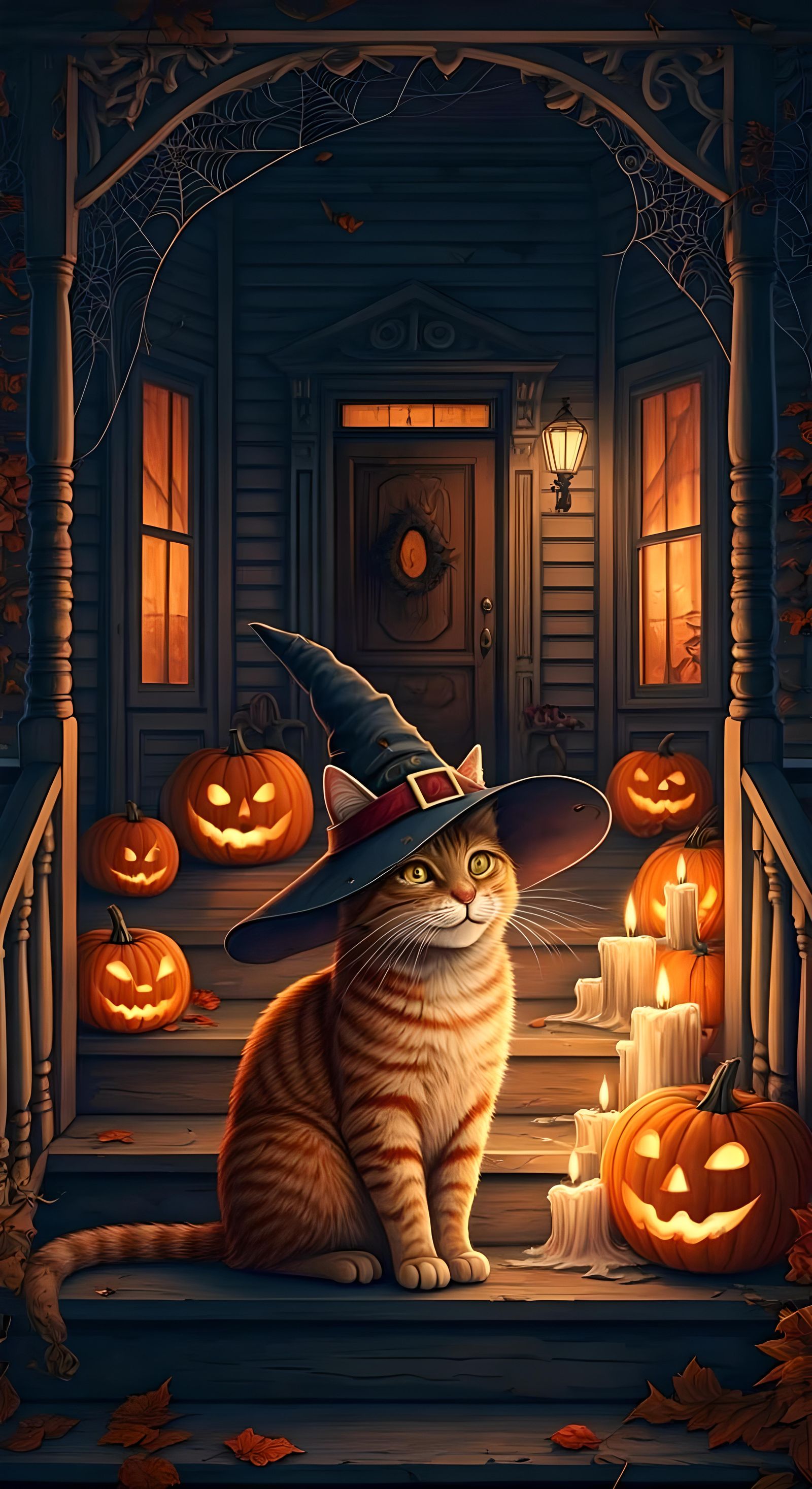 Halloween Cat in Witch Hat Oil Painting