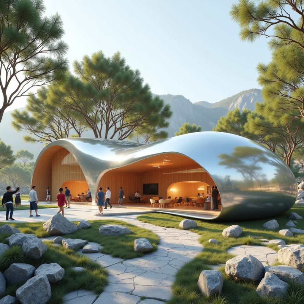 Futuristic Organic Chrome Selling Pod in Rural Town