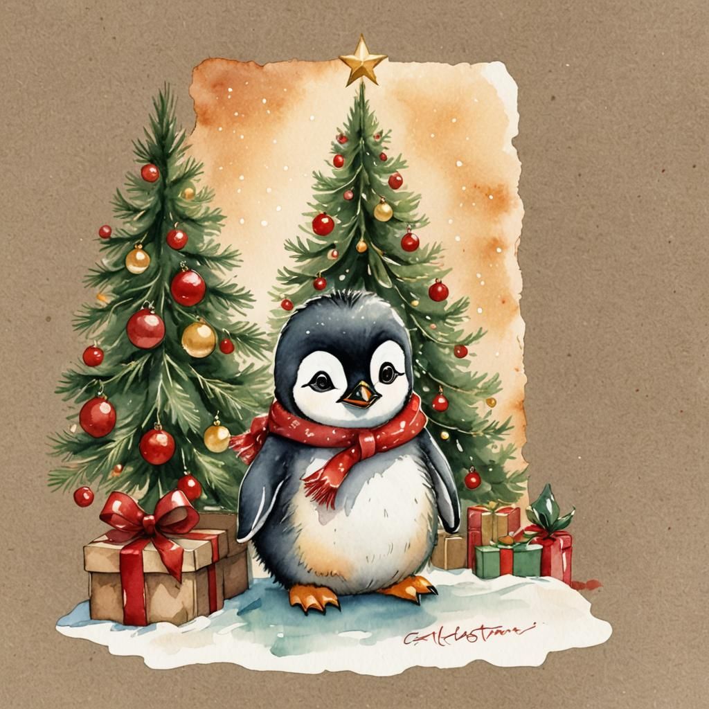 Whimsical Christmas Penguin in Watercolor Style