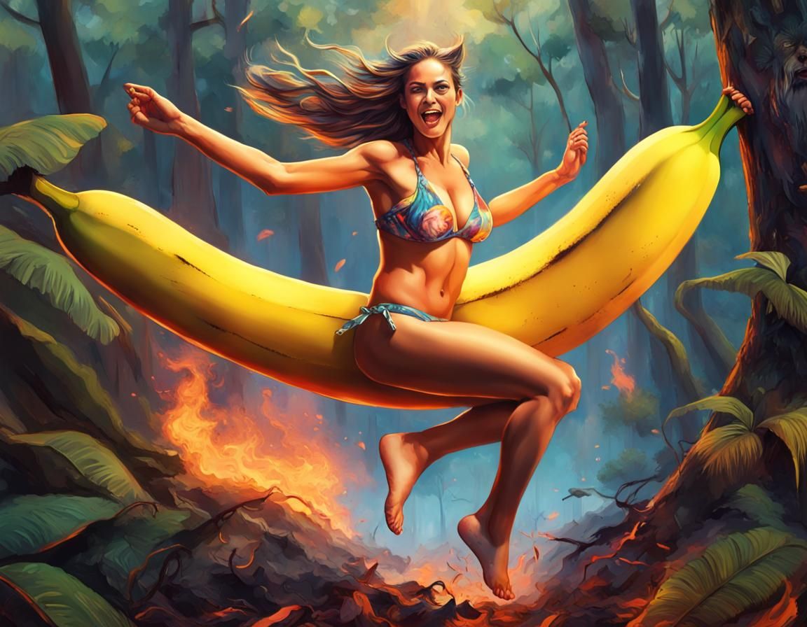 Banana Leaps Over Bikini Girls in Burning Forest