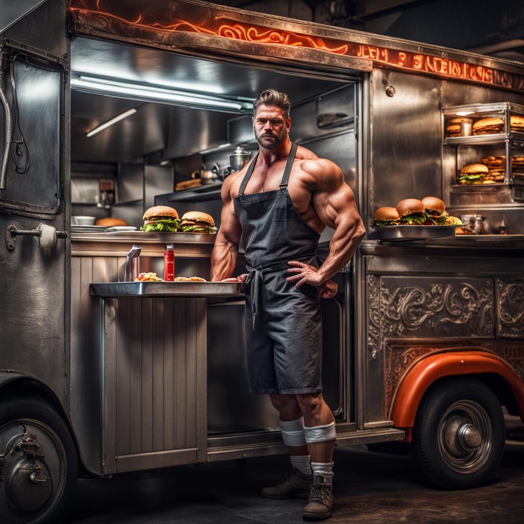 Muscular Cook in Burger Truck Bedroom: Hyperrealistic