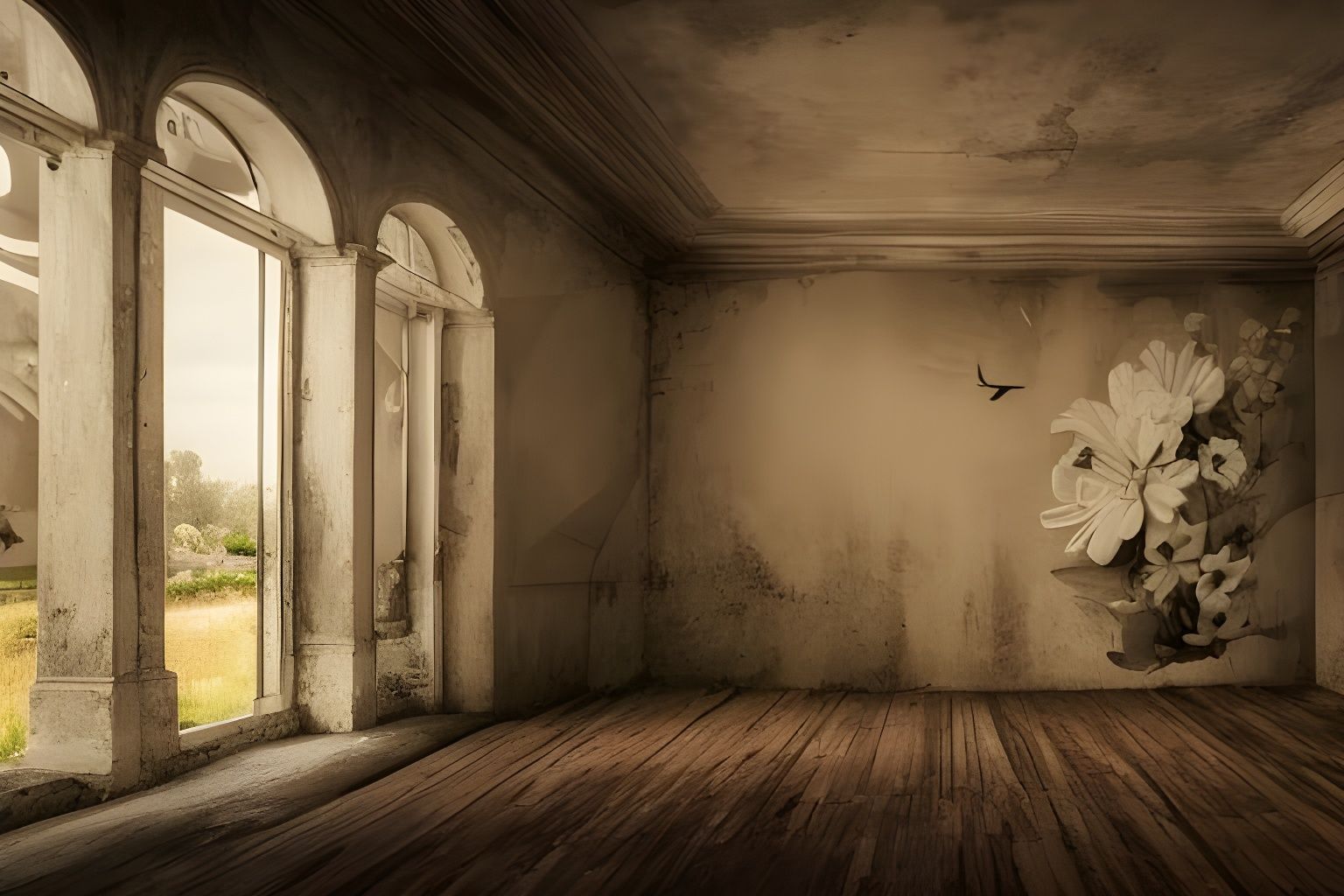 Abandoned Building Transformed by 3D Flower Graffiti