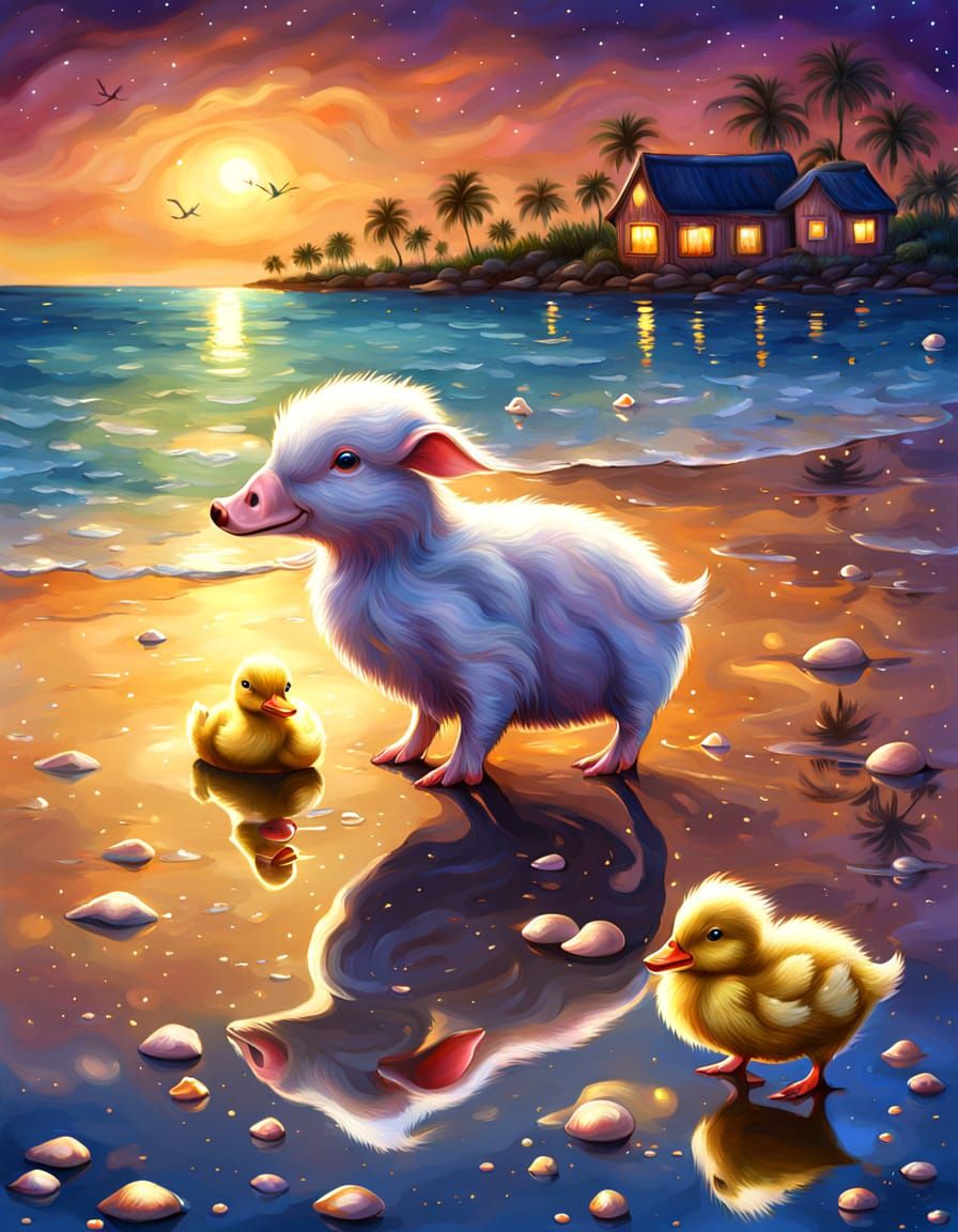 Starry Night Beach Fantasy with Piglet and Duck