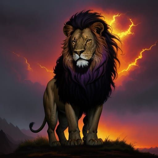 Lion with Molten Gold Mane Against Stormy Sky