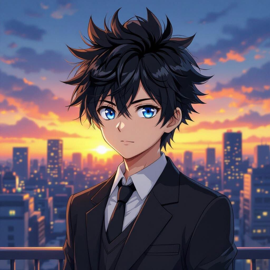 Anime Boy in Tokyo Sunset, Digital Art