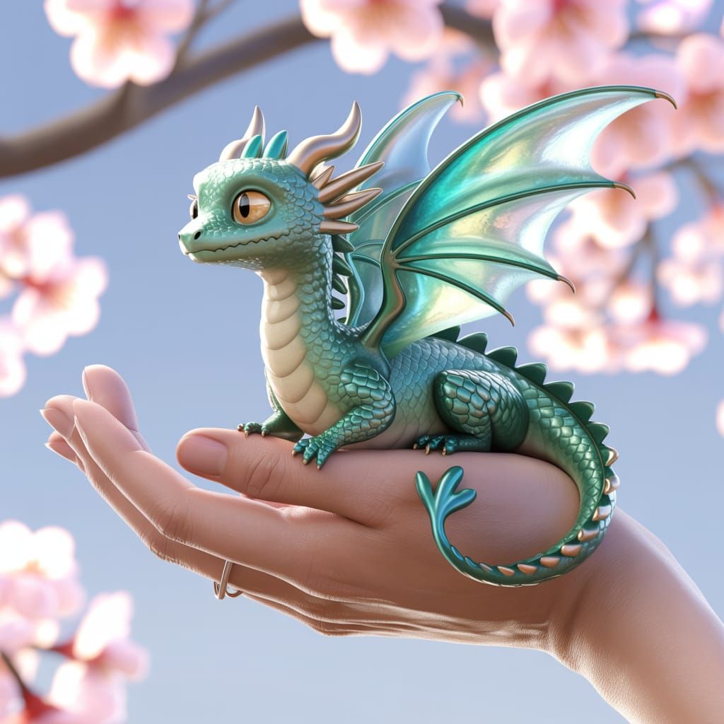 Teacup Dragon Perched on Hand: Digital Illustration