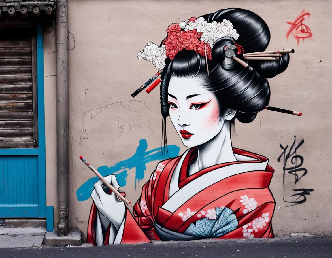 Geisha Graffiti Art on Brick Wall