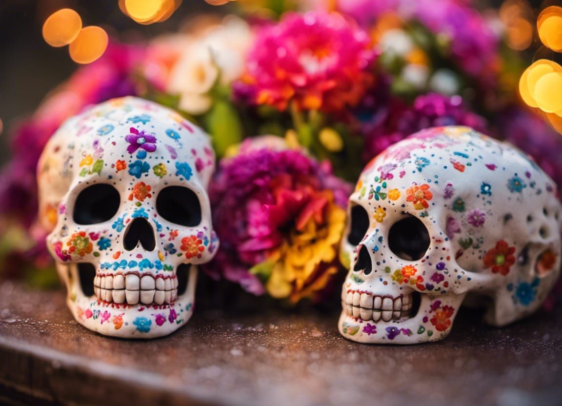 Day of the Dead Skulls with Flowers in Rain