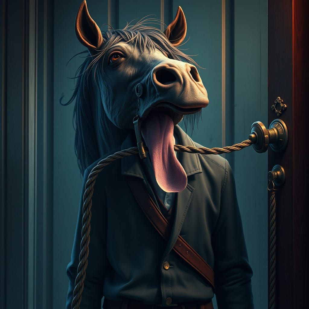 Man Tied to Horse at Doorknob with Tongue Out