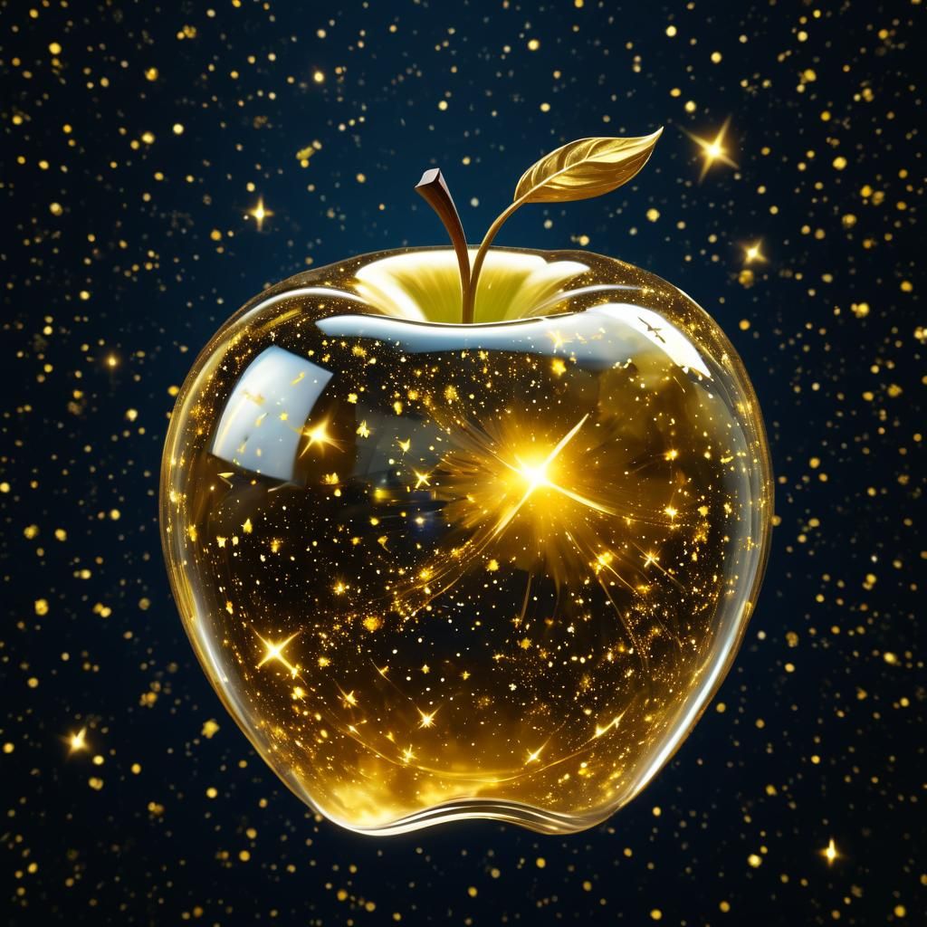 Translucent Glass Apple Floating in Golden Starry Cosmos