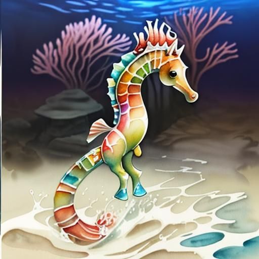 Underwater Sea Horse in Watercolor Graffiti Style